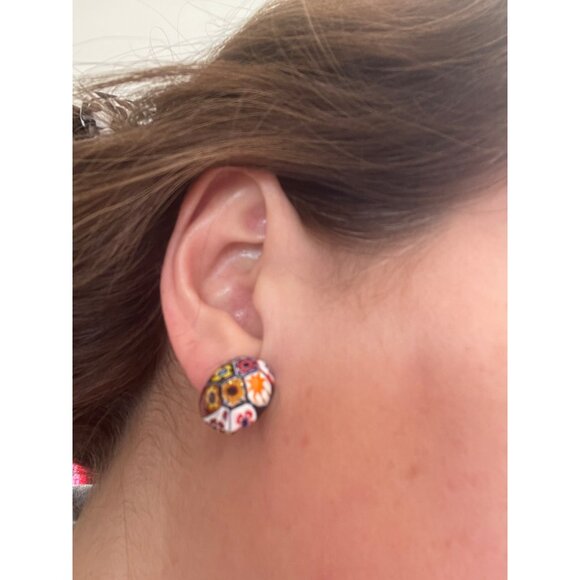 Vintage Millefiori Clip-On Earrings With Colorful Floral Glass Design - Picture 7 of 13